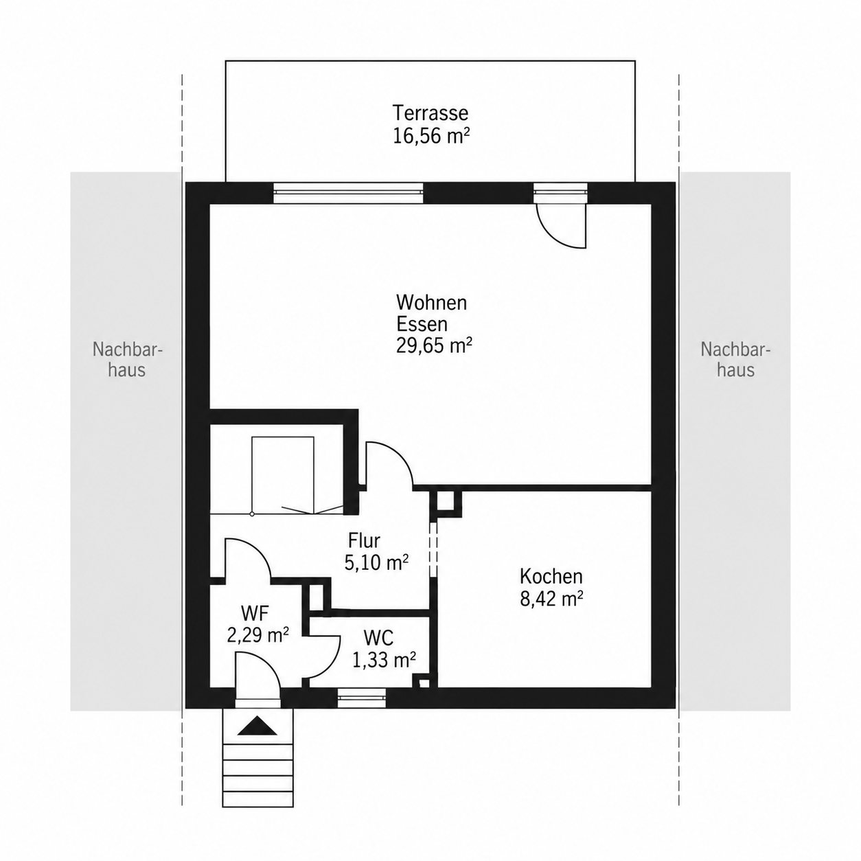 Vermessenes Erdgeschoss eines Reihenmittelhauses mit Terrasse, anonymisiert