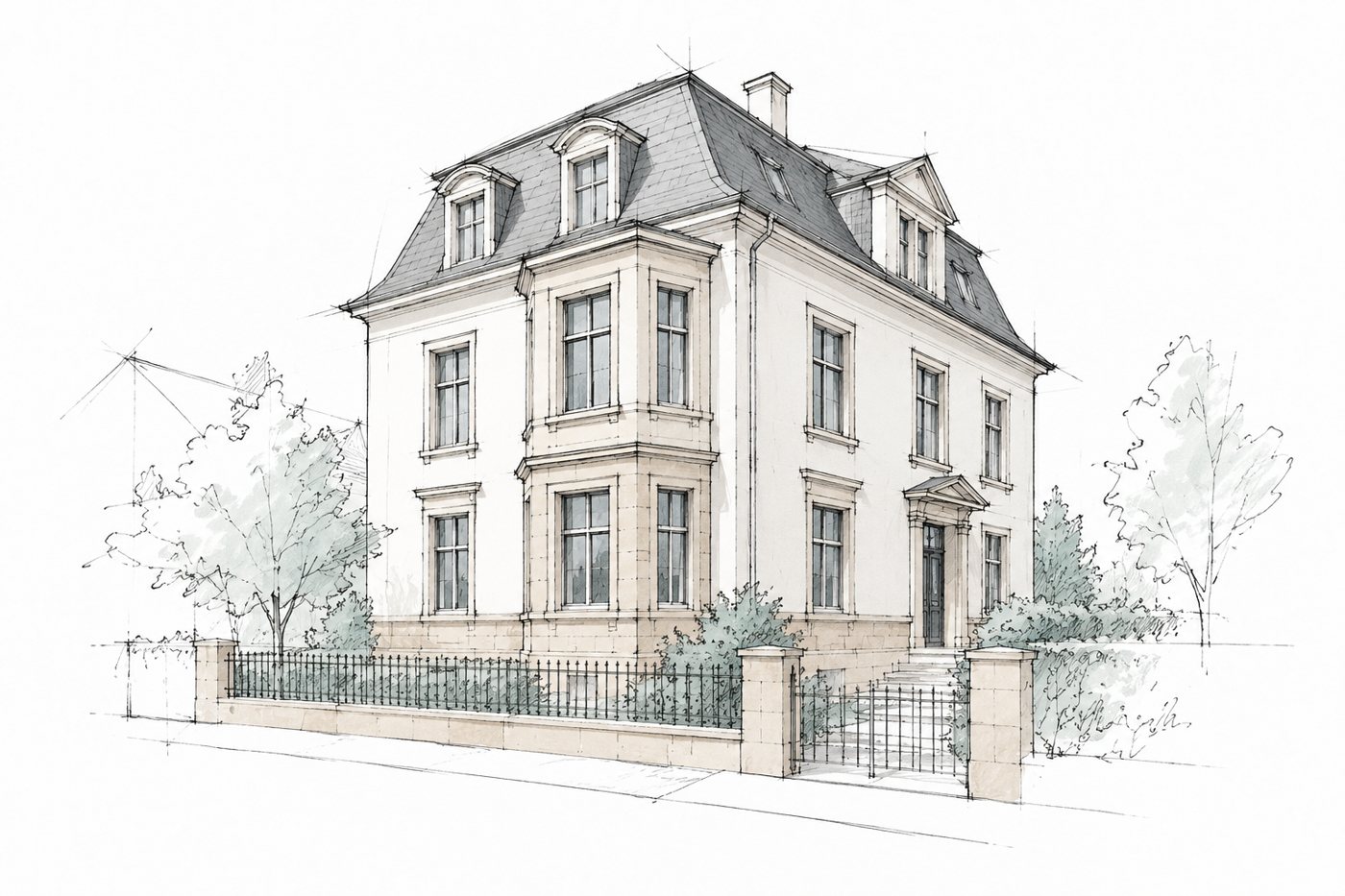 Skizze einer Villa, Bestandsaufnahme mit Erker und Balkon